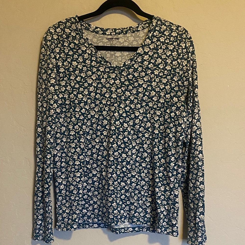 Lands' End Blue and White Floral Long Sleeve Tee